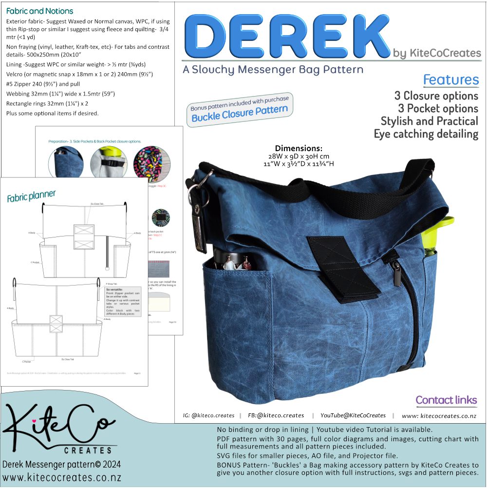 Derek unisex slouch messenger bag sewing pattern - pattern details and features, PDF by KiteCoCreates